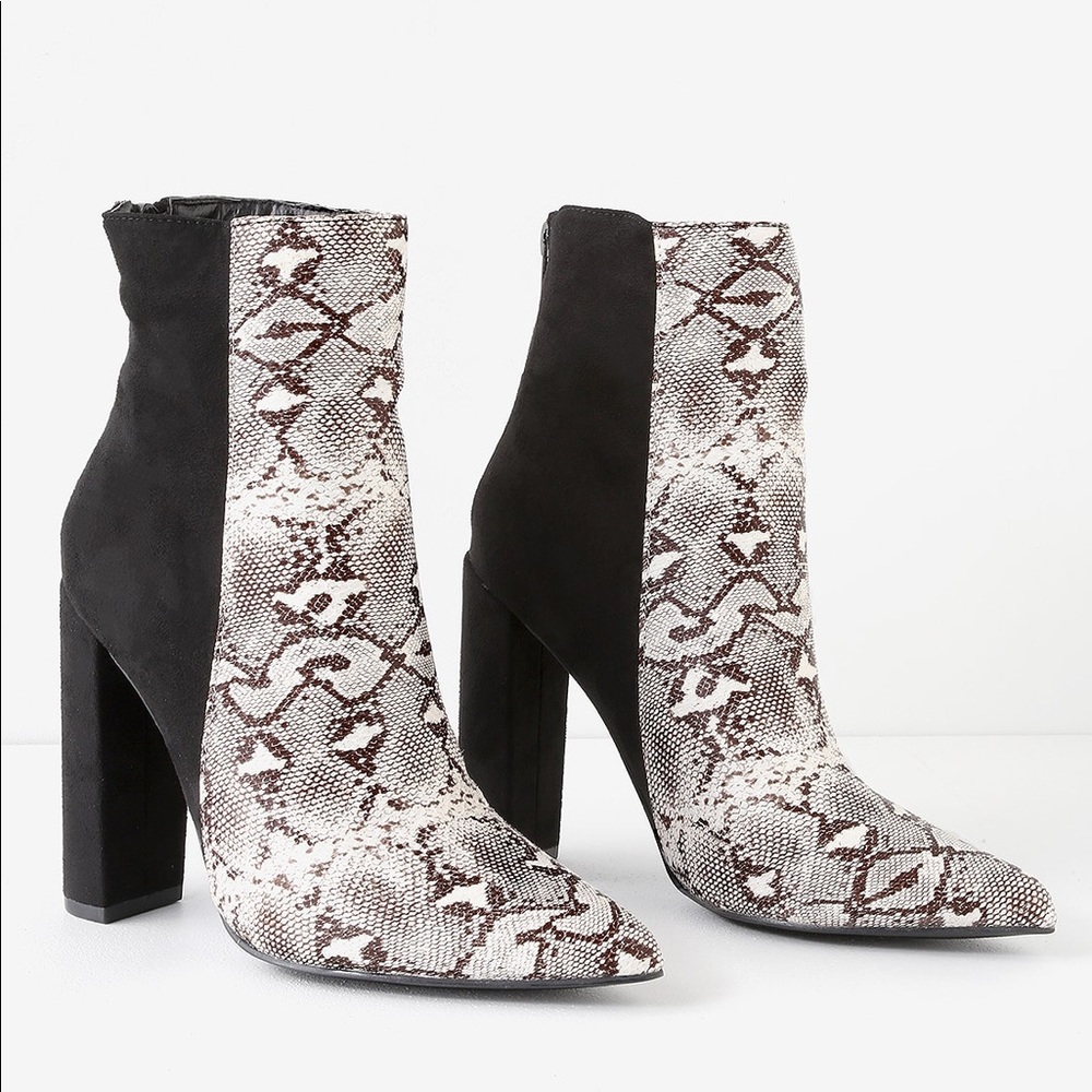 Lulus Snake Two-Tone High Heel Booties